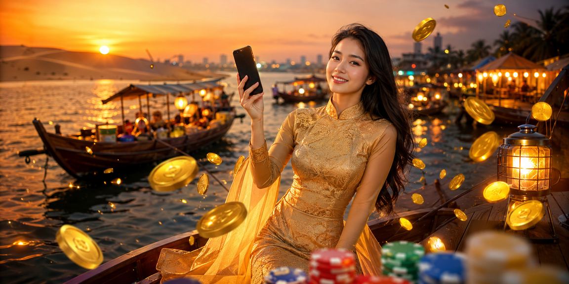 Người dùng Việt nạp tiền qua điện thoại trong bộ áo dài truyền thống tại Mũi Né
